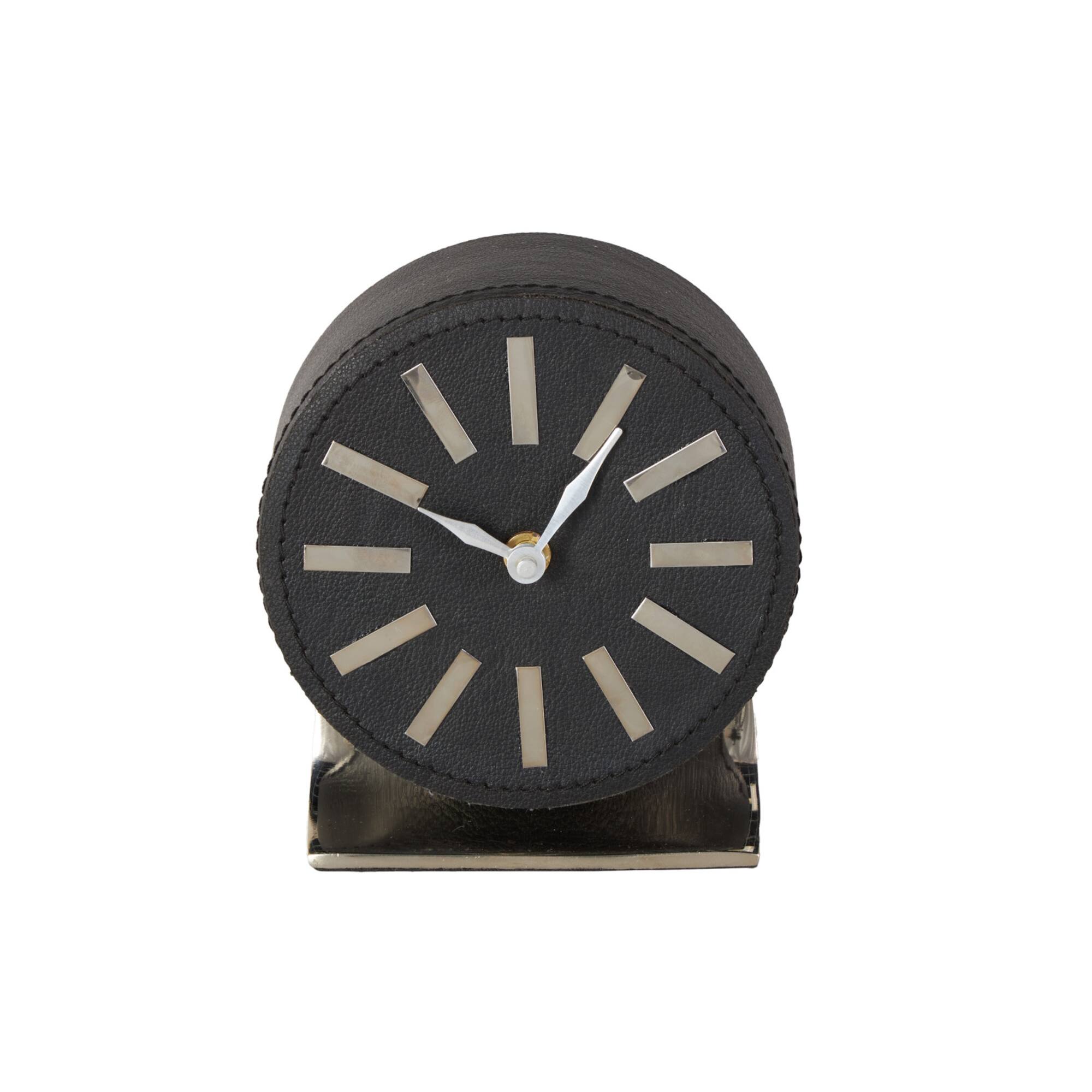 Faux Leather Round Decorative Clock with Rectangular Base